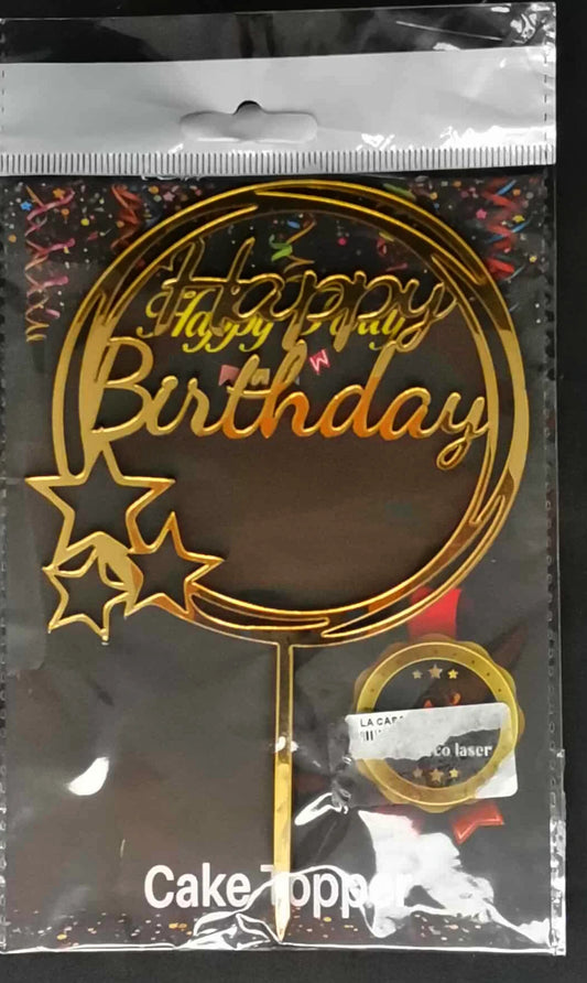 Topper gâteau Happy Birthday OR – Cercle étoilé élégant – Réutilisable