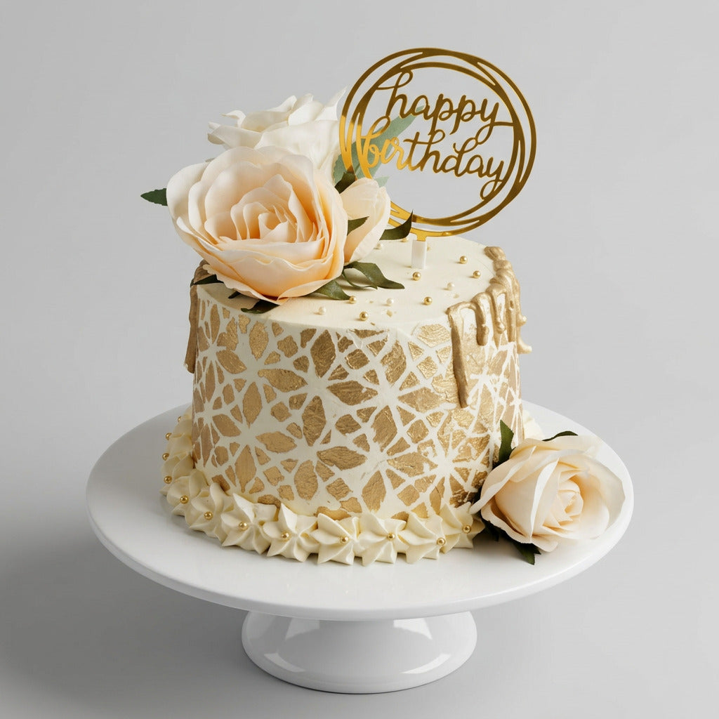 gâteau style feuille d'or avec une rose au dessus et a gauche
