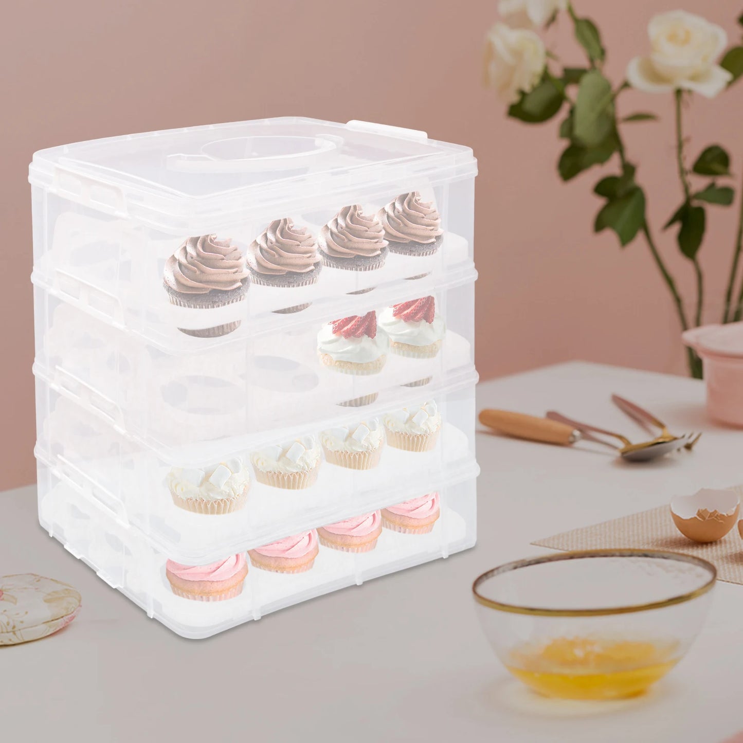 Porte-cupcakes à 4 niveaux, 48 grilles, boîte de rangement transparente pour cupcakes avec poignée, boîte de transport Mobile pour desserts Portable
