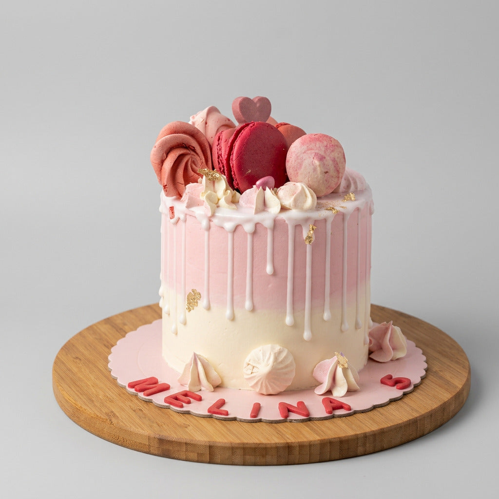 gâteau artistique coulant avec macaron rose , meringue rose et dégradé rose blanc 