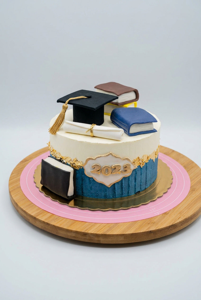 gâteau pour fêter le bac , gâteau rond avec des livres en pâte a sucre dessus et a coté , un diplôme et un chapeau d étudiant américain posé sur le gâteau 